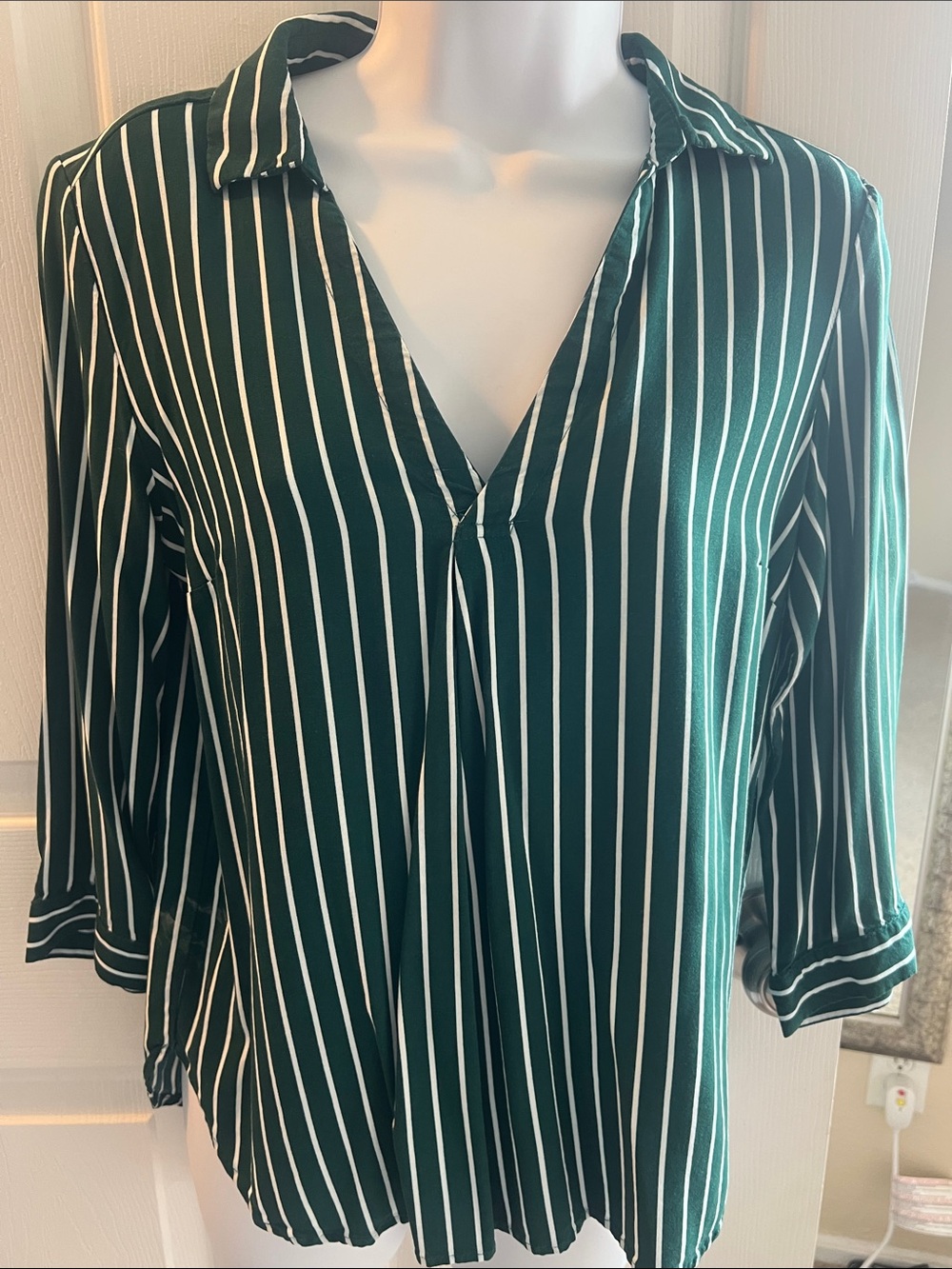 H&M Forest Green and White Striped V-Neck Blouse